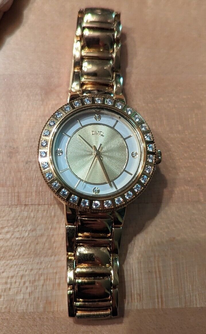 Diamonique CZ Round Two Bezels Bracelet Strap Watch 6"-7-1/2" Gold-tone