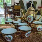 Gold Plated, Demi Tasse Espresso Set with 5 Cup, 5 Saucer, Sugar Bowl, and Cream
