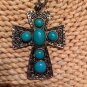 Vintage Large SouthWestern Style Turquoise Over Silver Tone Cross And 22" Chain