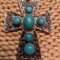 Vintage Large SouthWestern Style Turquoise Over Silver Tone Cross And 22" Chain