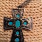 Vintage Large SouthWestern Style Turquoise Over Silver Tone Cross And 22" Chain