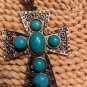 Vintage Large SouthWestern Style Turquoise Over Silver Tone Cross And 22" Chain