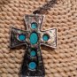 Vintage Large SouthWestern Style Turquoise Over Silver Tone Cross And 22" Chain