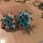 Vintage Clip On Earrings Golden Petals And Green And Clear Crystals