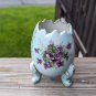 Vtg INARCO 5" Hand Painted Violets Blue Porcelain 3-Footed "Cracked" Egg Vase