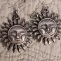 Vintage Express Sun Face Shaped Matte Silver Tone Dangle Earrings Pierced Drop