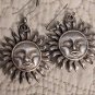 Vintage Express Sun Face Shaped Matte Silver Tone Dangle Earrings Pierced Drop