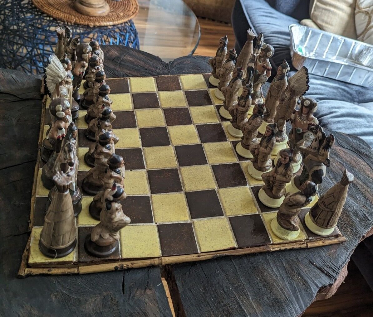 50's Native American Warrior Tribes Molded Ceramic 32pcs Complete Chess Set