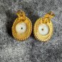 Vintage Les Bernard Clip On Earrings White Glass Stone Over Golden Metal Classic
