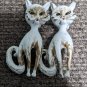 2 Vintage MCM White W Brown Spots Long Neck Cat Brooches Siamese Twins About 2"
