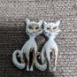 2 Vintage MCM White W Brown Spots Long Neck Cat Brooches Siamese Twins About 2"