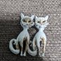 2 Vintage MCM White W Brown Spots Long Neck Cat Brooches Siamese Twins About 2"