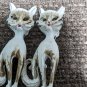 2 Vintage MCM White W Brown Spots Long Neck Cat Brooches Siamese Twins About 2"