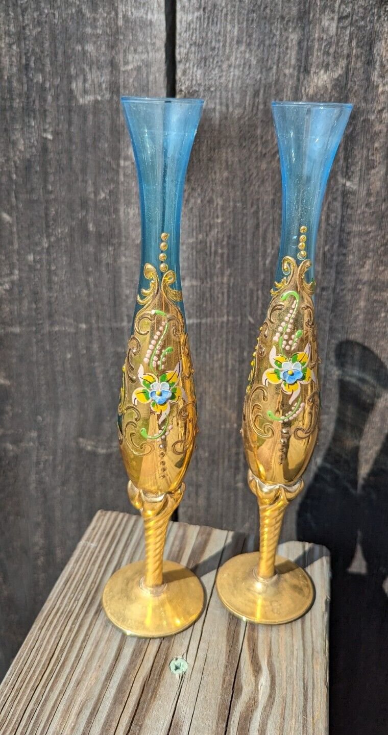 Two Matching Vintage Golden Blue Glass Bud Vases Floral Design
