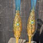 Two Matching Vintage Golden Blue Glass Bud Vases Floral Design