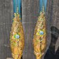Two Matching Vintage Golden Blue Glass Bud Vases Floral Design