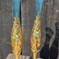 Two Matching Vintage Golden Blue Glass Bud Vases Floral Design