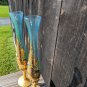 Two Matching Vintage Golden Blue Glass Bud Vases Floral Design