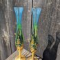Two Matching Vintage Golden Blue Glass Bud Vases Floral Design