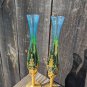 Two Matching Vintage Golden Blue Glass Bud Vases Floral Design