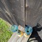 Two Matching Vintage Golden Blue Glass Bud Vases Floral Design