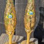 Two Matching Vintage Golden Blue Glass Bud Vases Floral Design
