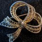 Marked Sterling Intricate Gold Toned Ribbon Pin Brooch