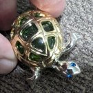 Metal And Green Glass Turtle Brooch Silver And Gold Tone