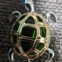 Metal And Green Glass Turtle Brooch Silver And Gold Tone
