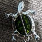 Metal And Green Glass Turtle Brooch Silver And Gold Tone