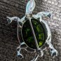 Metal And Green Glass Turtle Brooch Silver And Gold Tone