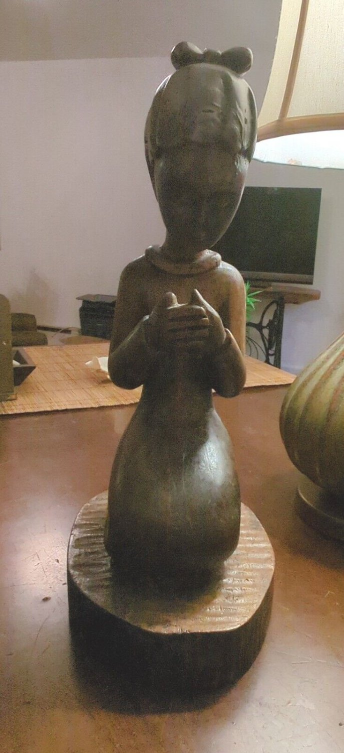 Vintage Solid Wood Beautiful Young Meditating Woman Statue 17"X8" With Wood Base