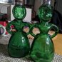 RARE Merry Maids Green Glass Salt &Pepper Shakers Vintage