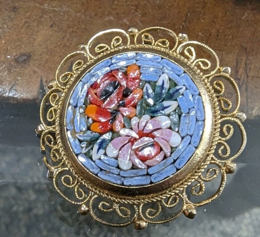 Italian Round Micro Tile Mosaic Duel Floral Brooch 1.5"