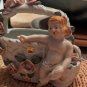 Two VTG Porcelain White Gold Planters Baskets Cherubs Applied Pink Rose 6" Each