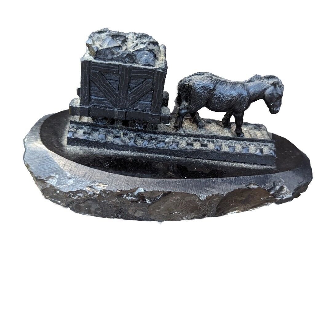 Unique Coal Mine Horse On Rail Black Stone Figurine