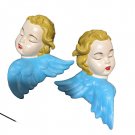 2 Vintage 50s Angel Cherub Heads Ceramic Figurines 3” Tall Hand Painted
