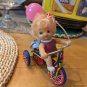 VTG Happy Little blonde girl w/ flag Tin Litho Wind-up Tricycle Works Korea