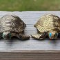 Vintage Holiday Fair Co 1971 Two Turquoise Eyed Brass Turtles Figurines Japan