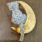 Adorable Rhinestone Cat Kitty Sitting On The Moon Brooch Pin, Goldtone