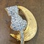 Adorable Rhinestone Cat Kitty Sitting On The Moon Brooch Pin, Goldtone