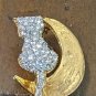 Adorable Rhinestone Cat Kitty Sitting On The Moon Brooch Pin, Goldtone