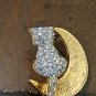 Adorable Rhinestone Cat Kitty Sitting On The Moon Brooch Pin, Goldtone