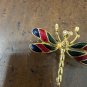 Gold Tone Enamel Dragonfly Brooch Pin Fashion Estate Jewelry - 1.5" x 1.75"