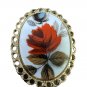 Vintage Gold frame oval shape red rose flower design Brooch pin