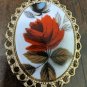 Vintage Gold frame oval shape red rose flower design Brooch pin