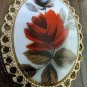 Vintage Gold frame oval shape red rose flower design Brooch pin