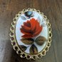 Vintage Gold frame oval shape red rose flower design Brooch pin