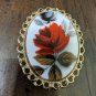 Vintage Gold frame oval shape red rose flower design Brooch pin