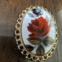 Vintage Gold frame oval shape red rose flower design Brooch pin